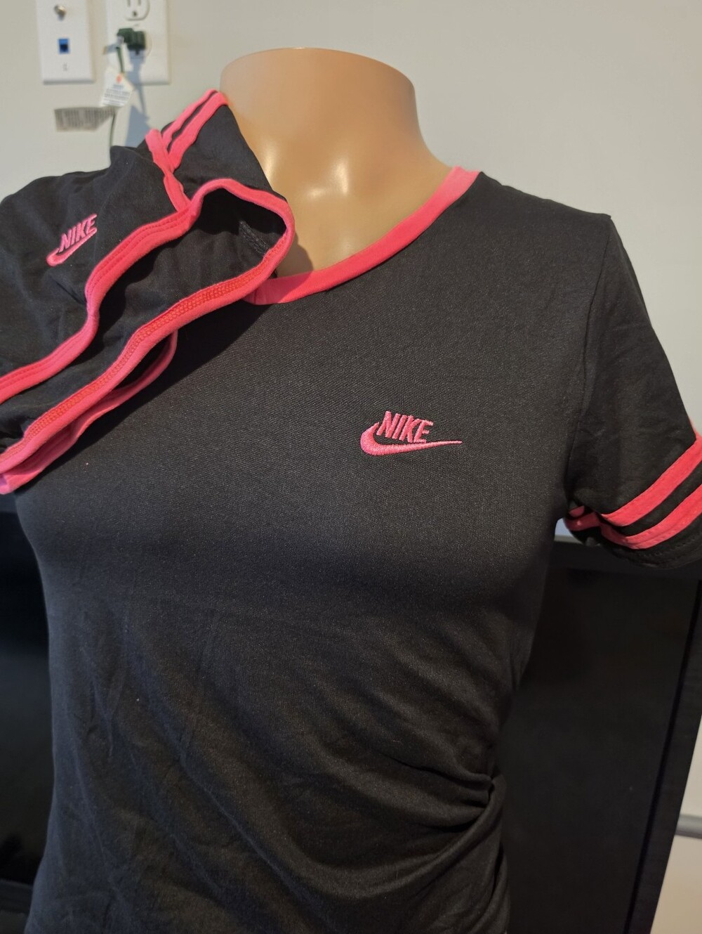 Nike Black Short Sleeve V-Neck Tee with Pink Trim